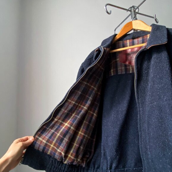 🍂 90s Vintage Dark Blue Wool Zip-Up Bomber Jacket by Woolrich - Picture 7 of 8